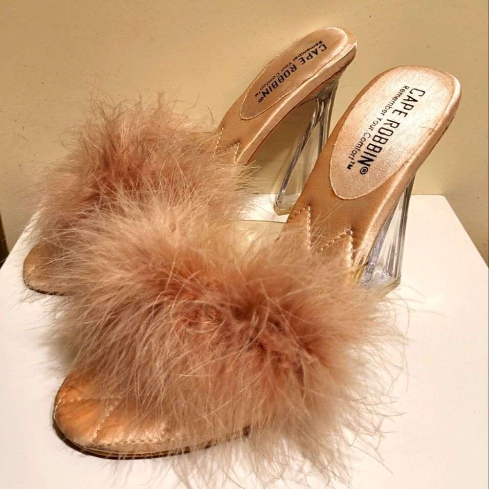 Cape Robbin Blush Pink Feather Clear Heel Sandals